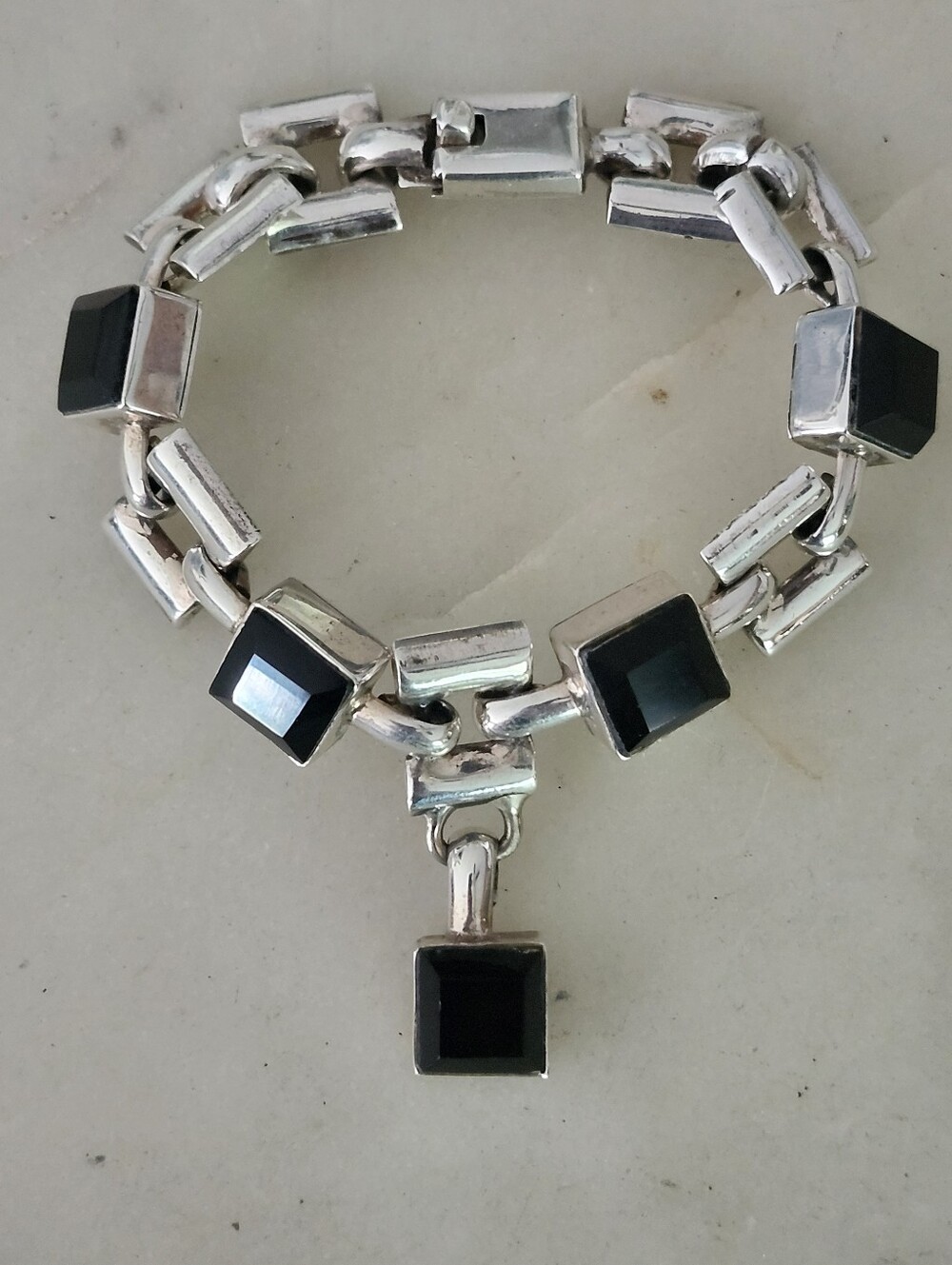Mexico HOB 925 Sterling Silver & Black Onyx Link  Bracelet